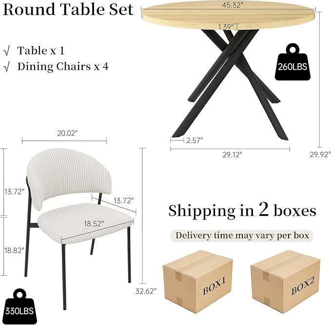 45.3 Inch Round Dining Table Set for 4, Mid Century Modern Small Coffee Set for Dining Room Kitchen Apartment (Cream Table + 4 White Shell Chairs)