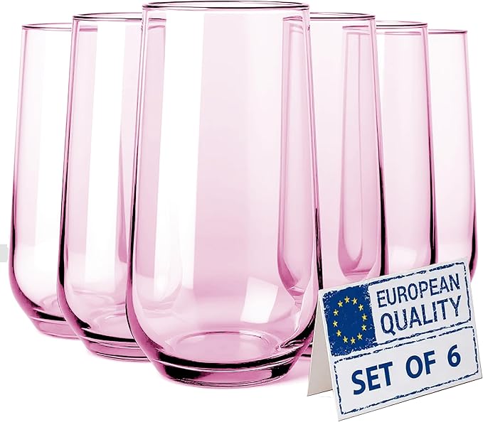 Pink Highball Drinking Glasses Set of 6 | 16 oz Pink Glass Cups for Cocktails, Barware, Juice, Ice Tea, Mojito | Elegant Tall Drinkware for Parties and Everyday Use | Gift For Her