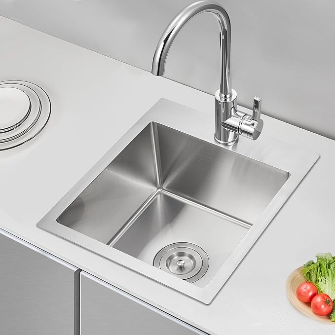 ROVATE 13 x 15 x 8 inch Drop in Bar Sink, Small Kitchen Sink Topmount Single Bowl, 304 Stainless Steel Bar Sinks Overmount Handmade with Basket Strainer