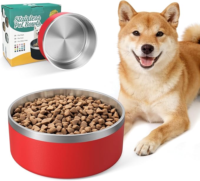 IKITCHEN Dog Bowl for Food and Water, 40 Oz Stainless Steel Pet Feeding Bowl, Durable Non-Skid Double Wall Insulated Heavy Duty with Rubber Bottom for Medium Large Dogs (40 Ounces/5 Cup, Red)