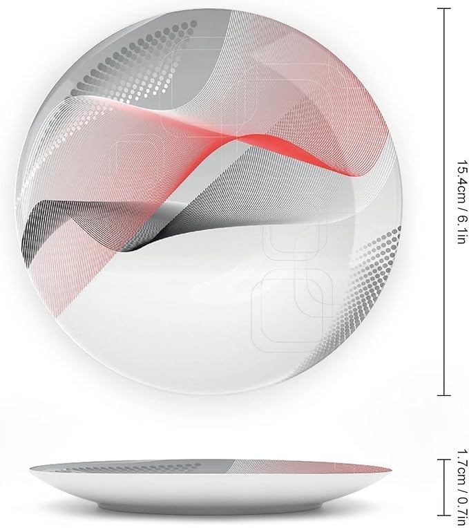 Ceramic Plates, Abstract Decorative Ceramic Plates, Modern Geometric Squares Dots Curves Waves, 7 Inch, Household Plates Decorative, Red Grey Black