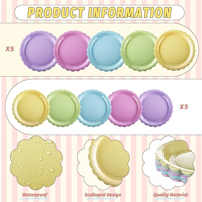 110 Pcs Pastel Party Supplies Plates and Napkins Tableware Set Serve 25 Guests Includes Scalloped 9" Paper Plates 7" Dessert Dinner Plate Colorful Napkins for Birthday Wedding Baby Shower