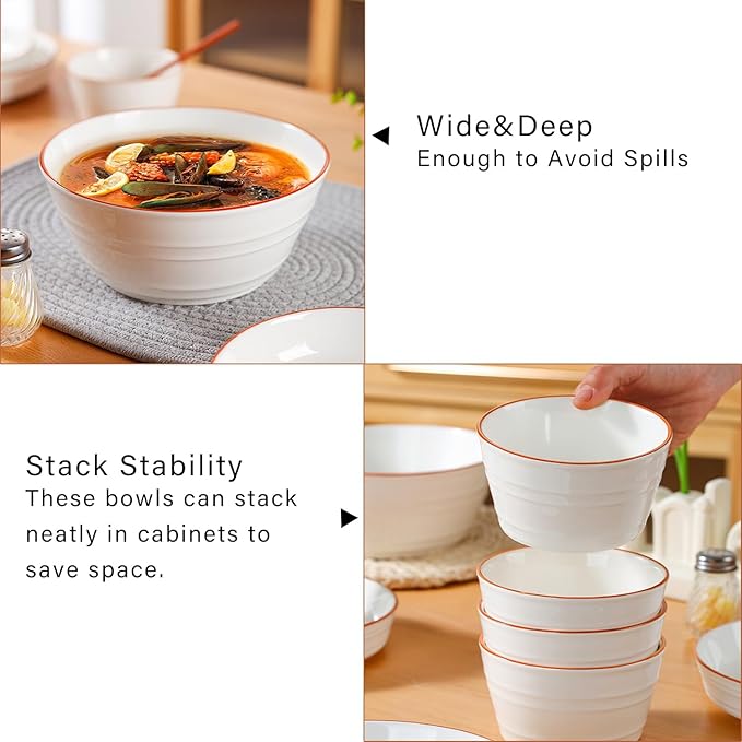 Ceramic Bowls Set of 6, 27oz Deep Soup Bowls for Kitchen Large 6 Inch Bowl for Oatmeal, Cereal,Pasta, Fruit, Salad, Ramen, and Rice Dishwasher & Microwave Safe