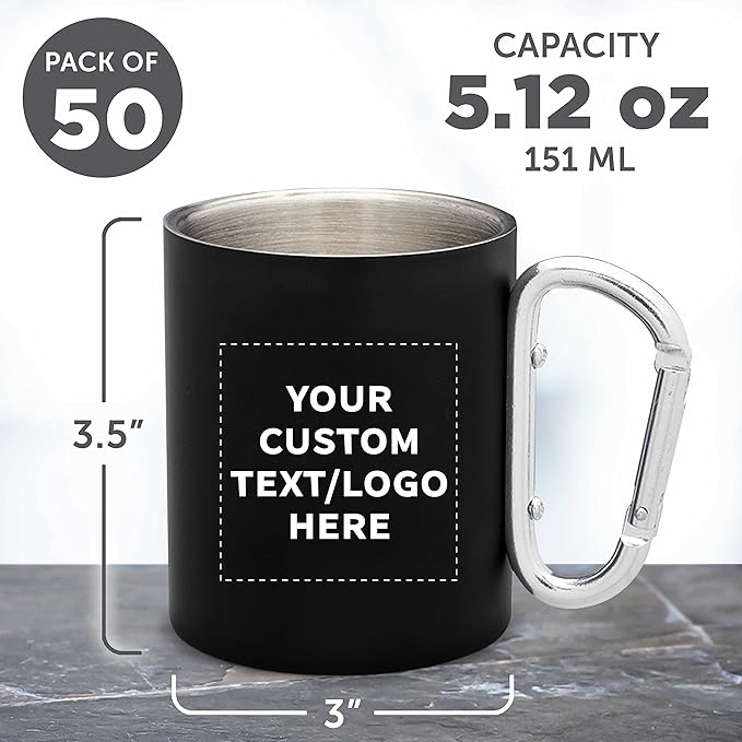 Custom Stainless Steel Mugs with Carabiner Handle 10 oz. Set of 50, Personalized Bulk Pack - Perfect for Coffee, Soda, Other Hot & Cold Beverages - Black