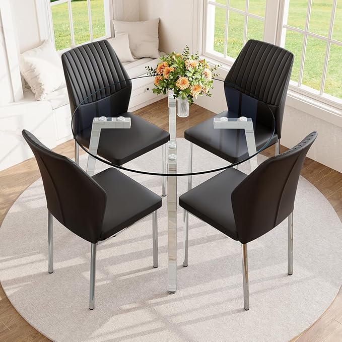 42" Round Glass Dining Table Set for 4,Modern Breakfast Table Set for 4 with Silver Chrome Legs,Space Saving Kitchen Table and Black Chairs for Apartment,Easy Assembly