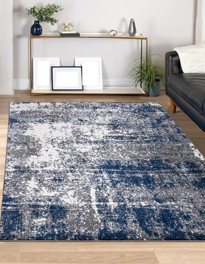 Keen Home Design Area Rugs - 8x10 Non-Shedding, Abstract Rugs for Kitchen, Living Room, Bedroom, Dining Room, Entryway - Size: 7'3" x 10'2", Navy/Grey/White