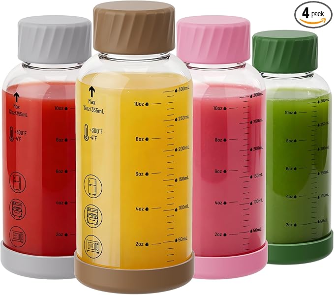 12 oz Glass Juice Bottles – 4 Pack Glass Water Bottles with Stainless Steel Lids – Leakproof, BPA Free, Heat-Resistant Borosilicate Glass for Juicing, Smoothies, Milk, Protein, Beverage Storage