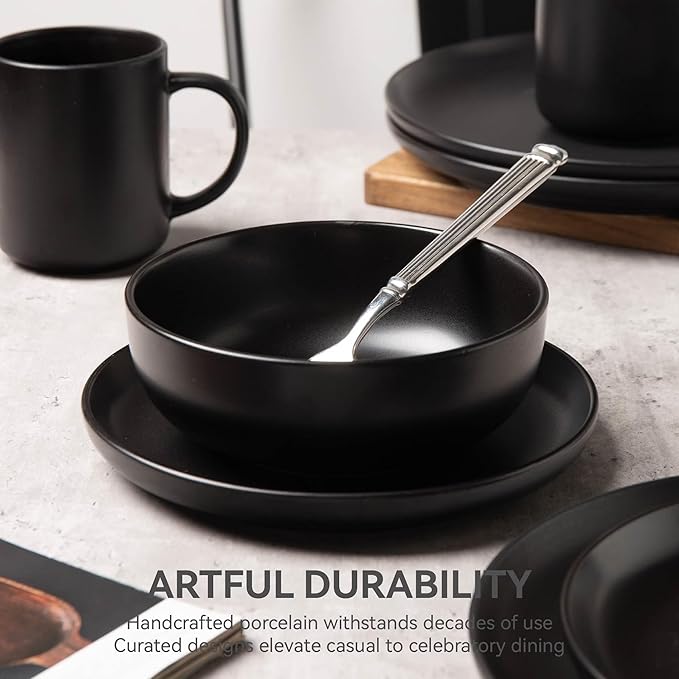 12-Piece Stoneware Dinnerware Set with Mugs | Microwave and Dishwasher Friendly | Stackable Matte Glaze Plates & Bowls | Service for 3 (Black for 4)