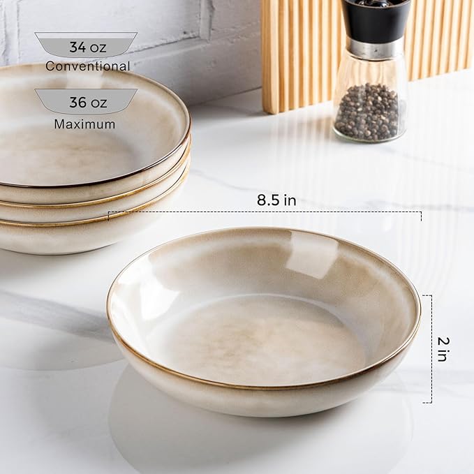AmorArc 8.5'' Large Pasta Bowls, 36oz Ceramic Salad Serving Bowls Set of 6 for Kitchen, Wide Stoneware Bowls for Pasta,Salad,Fruit,Bread, Microwave Safe, Cappuccino