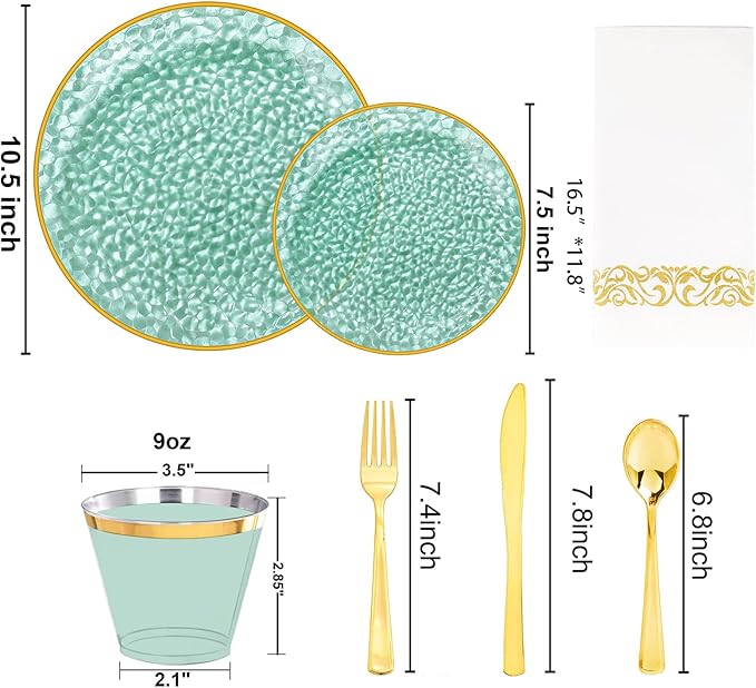 Rubtlamp 175 Pcs Green Plastic Plates Dinnerware Set (25 Guests), Hammered Plates Sets, Green Plastic Party Plates Set include 50 Disposable Plates Set, 75 Gold Plastic Silverware, 25 Cups 25 Napkins
