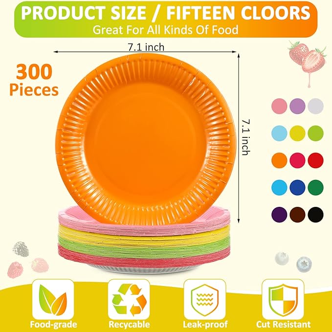 Thenshop 300 Pcs Colorful Paper Plates 7 Inch Disposable Party Plates for Dessert Cake Birthday Party Supplies(Classic Colors)