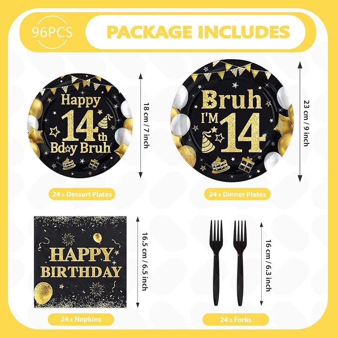 96 Pcs Bruh 14th Birthday Party Black Gold Decorations, Serves 24 | Black Gold - Image 2
