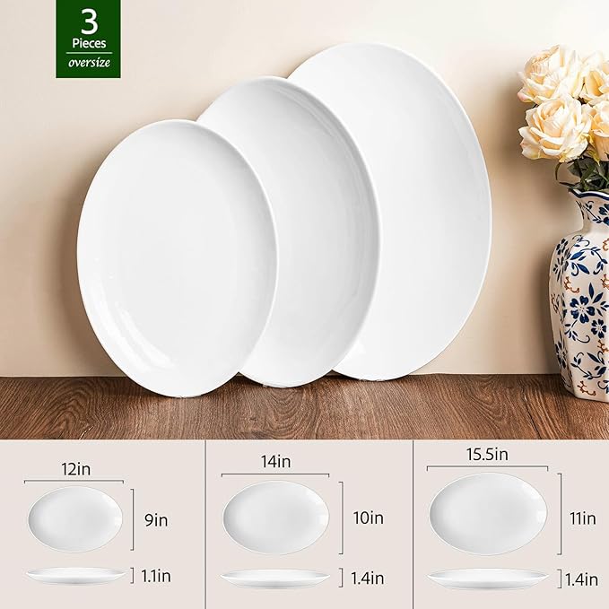Serving Platters Set of 3 – 15.5/14/12 Inch Oval White Serving Platters, Large Porcelain Serving Platter Set for Party, Appetizers, Charcuterie, Sushi & Dessert, Microwave & Dishwasher Safe