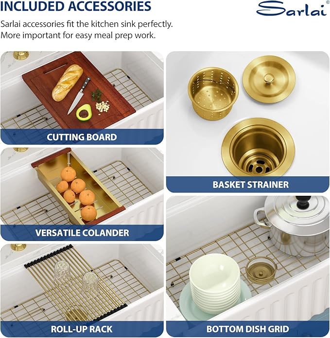 Sarlai White Farmhouse Sink - 30 Inch Farm Kitchen Sink Undermount Workstation Apron Front Reversible Ceramic Fireclay Single Bowl Farmer Sinks Basin 30 x 20 Inch With Gold Accessories