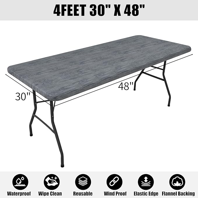 Smiry Rectangle Table Cloth Cover, Waterproof Elastic Fitted Picnic Tablecloth for 4 Foot Tables, Wipeable Flannel Backed Vinyl Tablecloths for Camping, Dining, Outdoor (Dark Grey, 30" x 48")