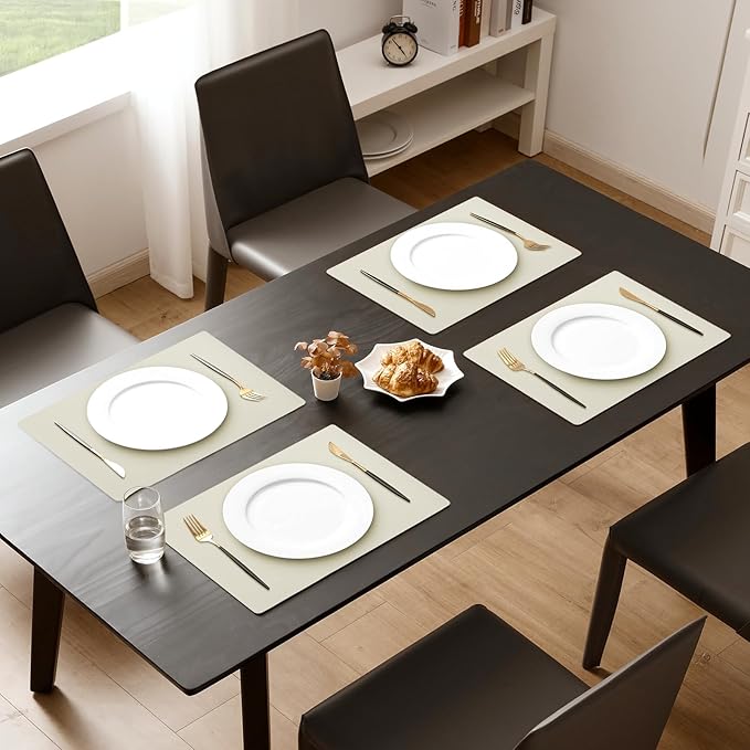MOSAYT Vinyl Placemats Set of 8, Heat Resistant Place Mats 100% Waterproof Washable & Wipeable Faux Leather Reversible Table Mats for Kitchen Dining Party Indoor Outdoor, 12" x 17", Beige