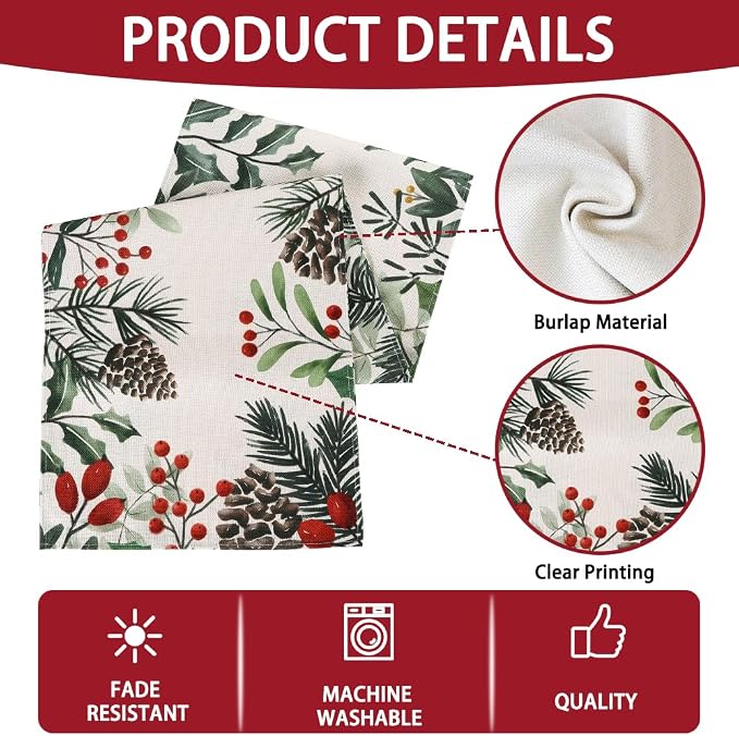 Christmas Winter Table Runner, Holly Berry Pine Cone Needle Branch Table - Image 4