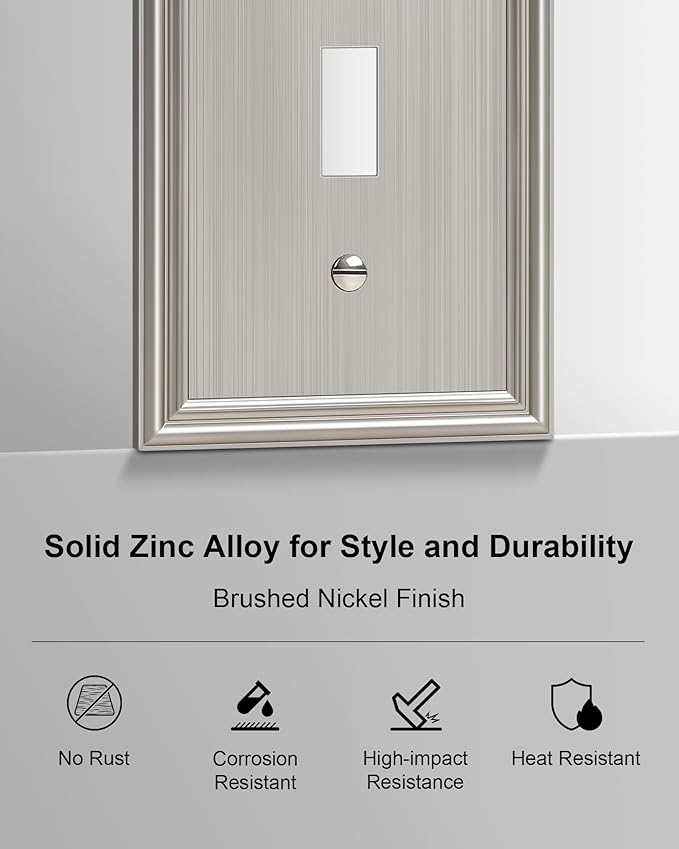 2-Pack Single Toggle Light Switch Cover Plate, Durable Solid Zinc Alloy Decorative Switch Plate Covers, Brushed Nickel 1 Gang Wall Plate, Corrosion Resistant