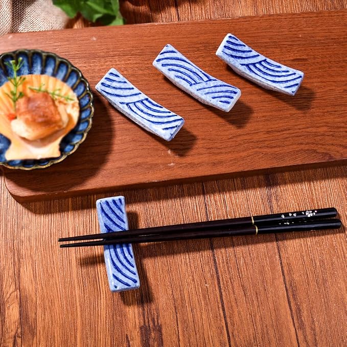 Porcelain Chopstick Holder Set of 4, 2.8" Wave Motif Spoon Fork Stands | - Image 7