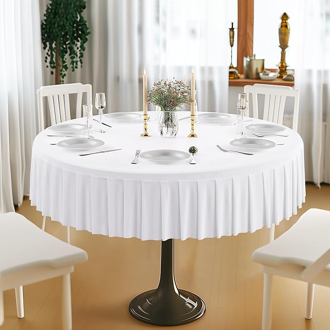 4 Pack White Spandex Round Tablecloths for 60 inch Tables, Stretchy Fitted 5FT Round Table Cloths, Wrinkle Free Table Cover with Skirt for Wedding Party Dining Banquet Baby Shower