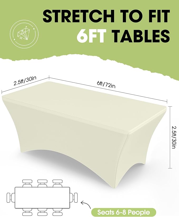 Pureegg Spandex Tablecloth 6ft - 2 Pack, Fitted and Tight Cloth for Rectangle Table, Wrinkle-Free and Stretch Table Cover for Party, Wedding, Banquet and Birthday, Ice Cream, Ivory