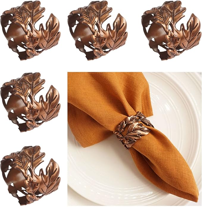 Leaf Shape Napkin Rings Set of 6, Bronze Napkin Rings Metal Napkin Ring Holders by Utalek