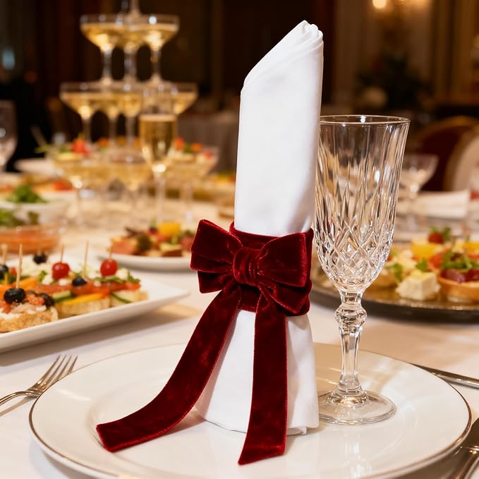 Bow Napkin Rings Set of 12 Luxury Soft Burgundy Velvet Napkin Holders, Elegant Bow Design for Christmas Holiday Dinner Wedding Party Table Decor