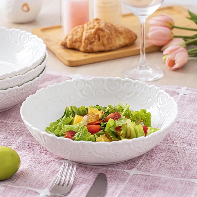 HOMBENE Heartbeat Pasta Bowls Set of 4, 40oz, Porcelain Wide and Shallow, Soup, Pasta, Noodle, Dinner, Large Salad Bowls Soup Bowl for Kitchen, Microwave & Dishwasher Safe (White)