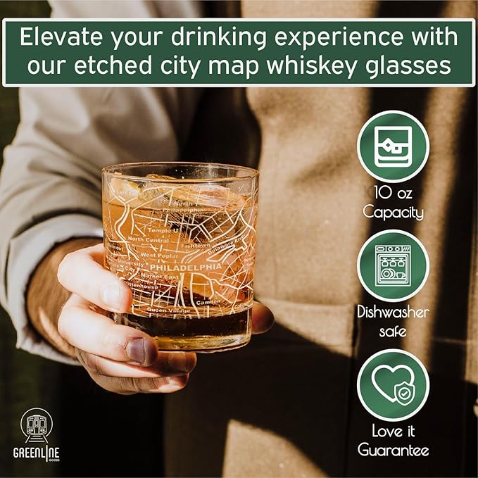 Greenline Goods Whiskey Glasses - 10 Oz Tumbler Gift Set for Philadelphia lovers, Etched with Philadelphia Map | Old Fashioned Rocks Glass - Set of 2