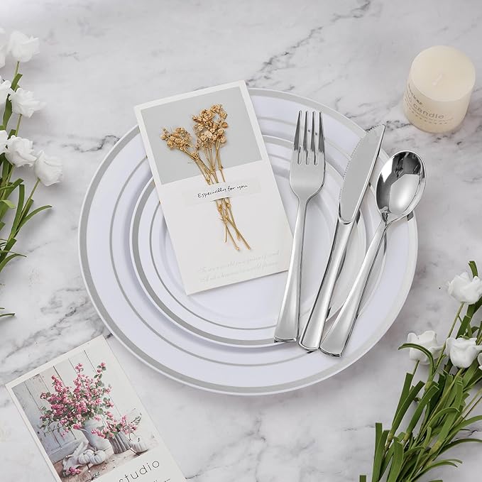 BESTVIP 450PCS Plastic Dinnerware Set (75 Guests), Silver Disposable Plates for Party, Wedding, Christmas, Anniversary, Includes: Dinner Plates, Dessert Plates, Cups, Spoons, Forks and Knives
