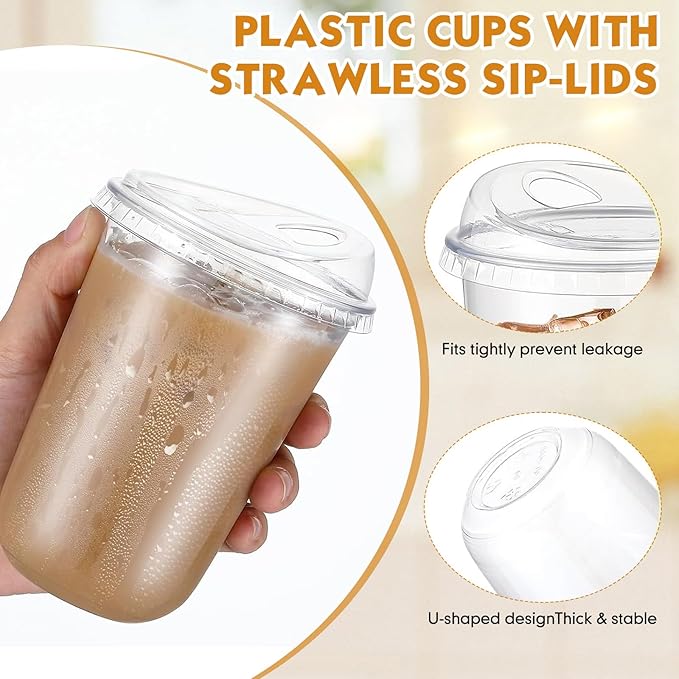 Baderke 50 Pcs Plastic Cups with Sip Lids Round Bottom Disposable Plastic Coffee Cups with Lids Clear Strawless Crystal Mugs for Iced Coffee Smoothie Cold Beverage Party Catering Supplies (16 oz)