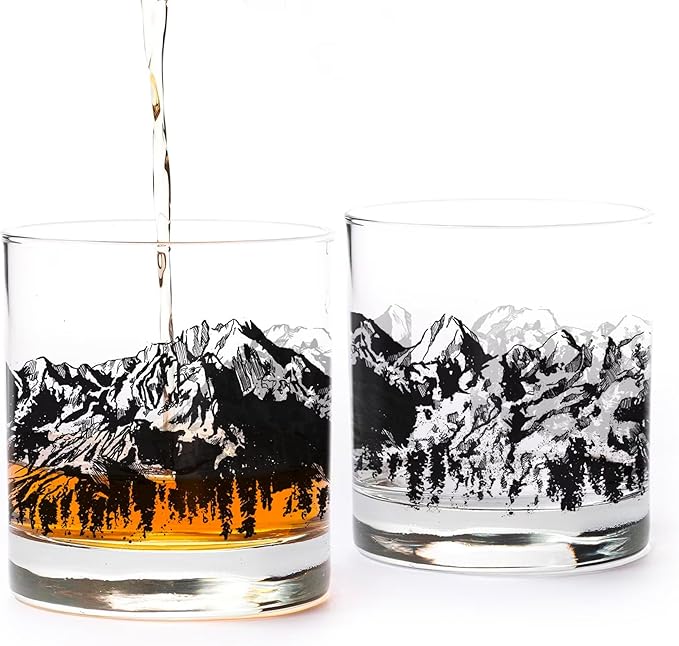 Black Lantern Mountain Rock Glasses – Hand-Printed 11oz Tumblers with Durable Forest Design – Set of 2 Heavy-Base Old Fashioned Glasses for Bourbon, Scotch, and Cocktails