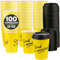 Disposable Coffee Cups with Lids, To Go Paper Hot Cups, Good Morning Design by SMYGOODS