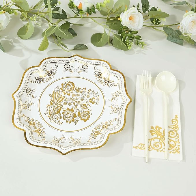 50 Pack 10" White Gold French Toile Dinner Plates, Disposable Round Paper Party Plates 300 GSM for Festive Table Decoration