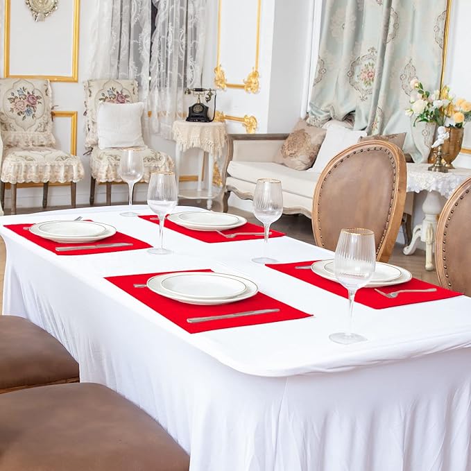 Linen Fabric Placemats Set of 6, Machine Washable, Heat Resistant, Wrinkle Free, Thick Polyester Kitchen Place Mats for Dining Table (Red)