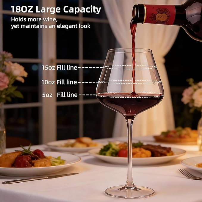 Wine Glasses Set of 4, 18OZ Large Crystal Red Wine Glasses, Hand Blown Vintage Wine Glasses with Thin Rim, Large Bowl, Long Stem, Gifts for Wedding, Valentine's Day, Housewarming, Birthday