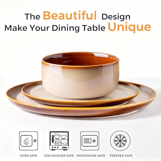 LeRatio Ceramic Dinnerware Sets for 4,12-Piece Plates and Bowls,Handmade Reactive Glaze Dishes Set,Chip Resistant and Scratch Resistant | Oven Dishwasher & Microwave Safe,Service for 4-Kahki