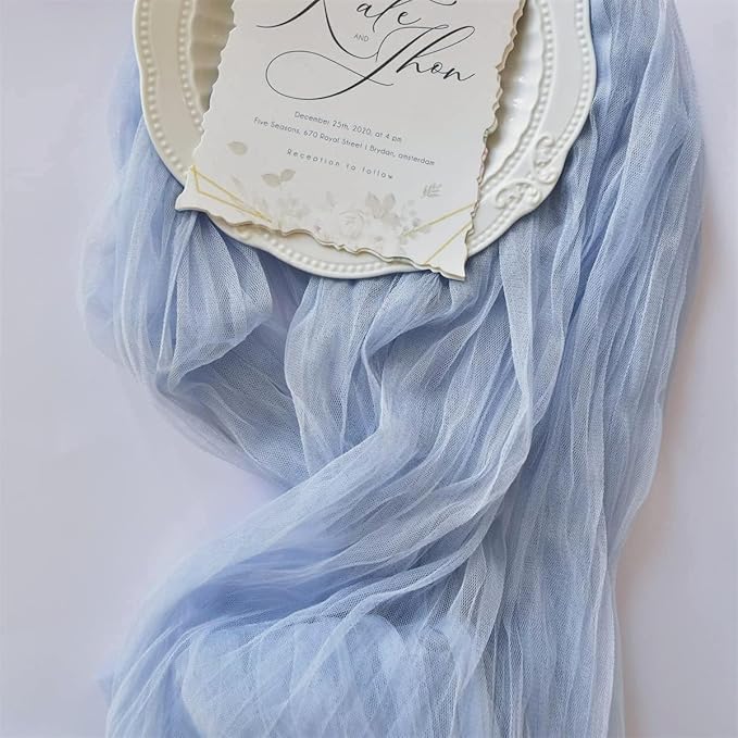 Joanlody Blue Cheesecloth Table Runner Spring Easter 10Ft Rustic Gauze Boho Cheese Cloth Table Runner for Wedding Bridal Baby Shower Decoration 10 Pack