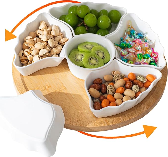 7-Piece Divided Serving Tray Set for Party, 12-Inch Rotating Serving Tray for Dining Table with Removable Dividers, Lazy Susan Platter for Charcuterie, Appetizers & Snacks
