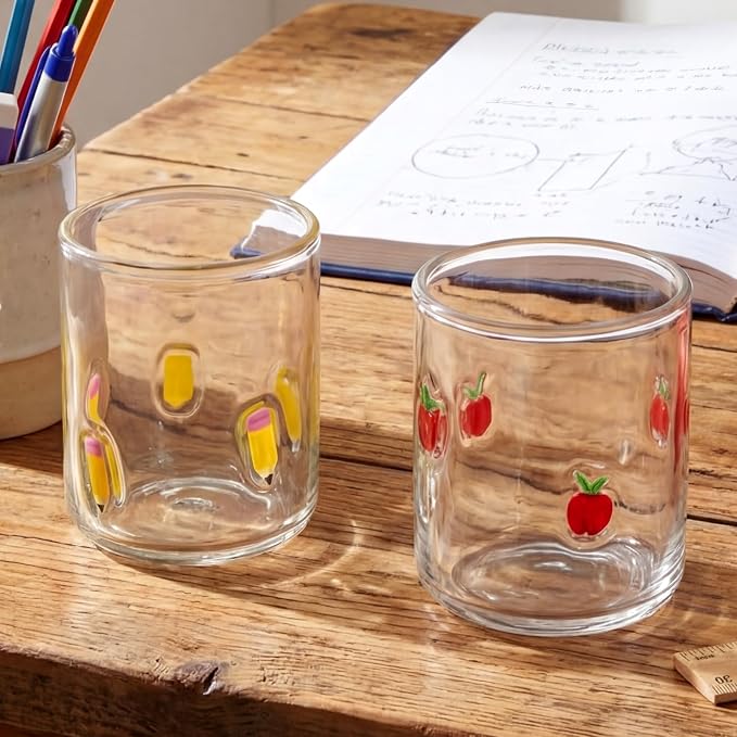SiliFine 2 Pcs Pencil & Apple Icon Juice Glasses, 14oz Stemless Wine Drinking by SiliFine