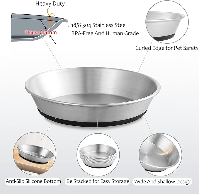 Stainless Steel Cat Bowls,Whisker Friendly Shallow Cat Dishes for Food and Water,Non-Slip Silicone Bottom,Heavy Duty,Replacement Kitten Metal Plate for Elevated Stands,6 Pack