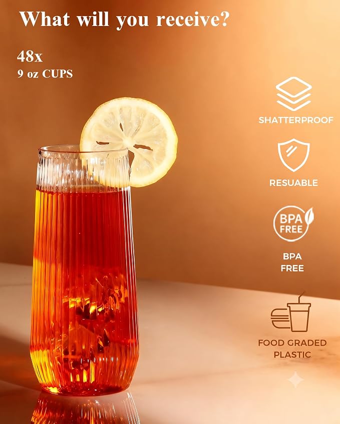 BESTSTAR 96 Pack Clear Plastic Ribbed Origami Ripple Plastic Glasses Set | 48 - Image 5