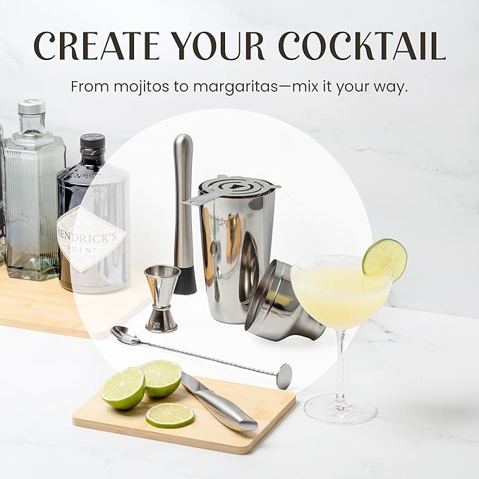 Mixology & Craft Cocktail Shaker Set with Dark Bamboo Stand - Professional 18oz 10-Piece Bartender Kit - Complete Bar Set & Cocktail Mixer Kit for Home (Silver)