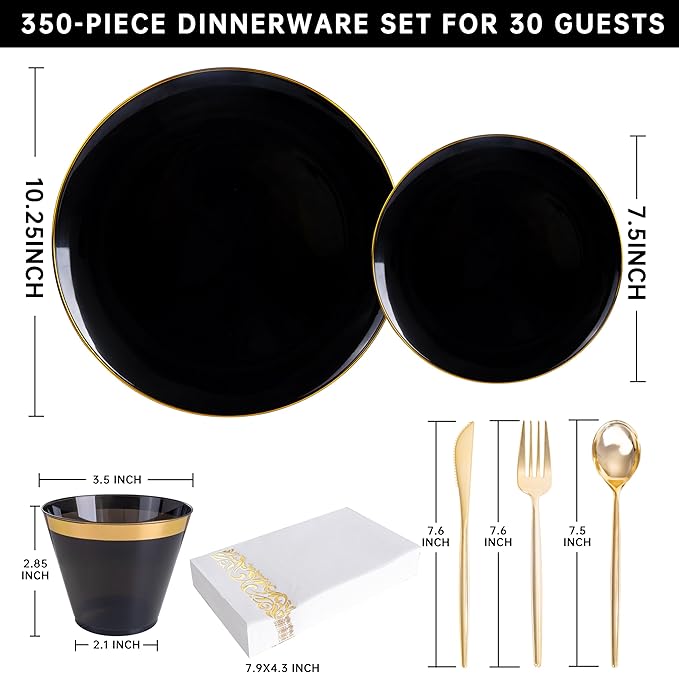 MirthMood 350Pcs Black and Gold Disposable Plates,Black Plates, Black and Gold Plates Include 30 Dinner,Dessert Plate,30 Cup&30 Napkins, 90 Gold Silverware for Wedding & Party & Birthday & New Year