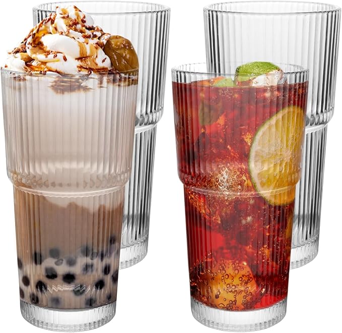 Drinking Glasses，19oz Ribbed Glassware, 4 Pack Old Fashioned Glasses,Thickened glass for iced coffees, smoothies, cocktails and juices, perfect for families and parties (4)
