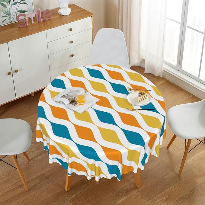 Laeacco 60 Inch Geometric Round Tablecloth Blue and Orange Waved Stripes Modern Abstract Art Print Table Cloth Washable Waterproof Wrinkle Free Table Cover for Kitchen Dining Picnic Party Decoration