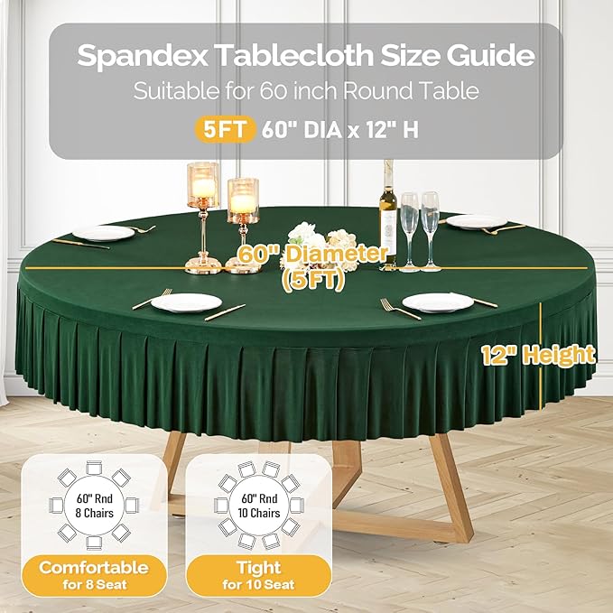 4 Pack Hunter Green Spandex Round Tablecloths for 60 Inch Tables, Stretchy Fitted 5FT Cloths, Wrinkle-Free Cover With Skirt for Wedding, Party, Dining, Banquet