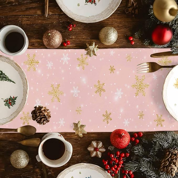 Pink Christmas Snowman Table Runners 72 Inches Long, Cotton Linen Fabric - Image 6
