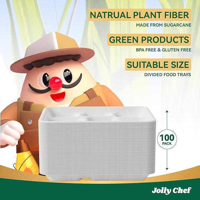 JOLLY CHEF Compostable 𝟱 Compartment Paper Plates 𝟭𝟭 * 𝟴 𝗶𝗻𝗰𝗵 [𝟭𝟬𝟬 𝗣𝗮𝗰𝗸] Heavy Duty White Divided Disposable Plate Eco-Friendly Biodegradable Food Tray for Party Lunch Dinner Christmas