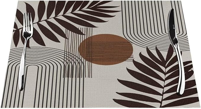 Mid Century Abstract Boho Placemats Geometric Neutral Beige Modern Leaf Plant Semicircle Art Washable Place Mats 12x18Inch for Dining Kitchen Farmhouse Decor 4 PCS